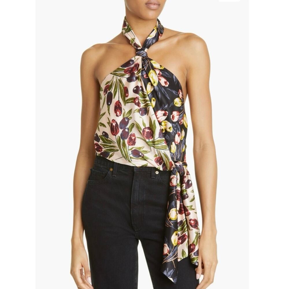 NWOT Cinq a Sept Clarke Blocked Floral Silk Halter
Top in Floral-Print SZ L